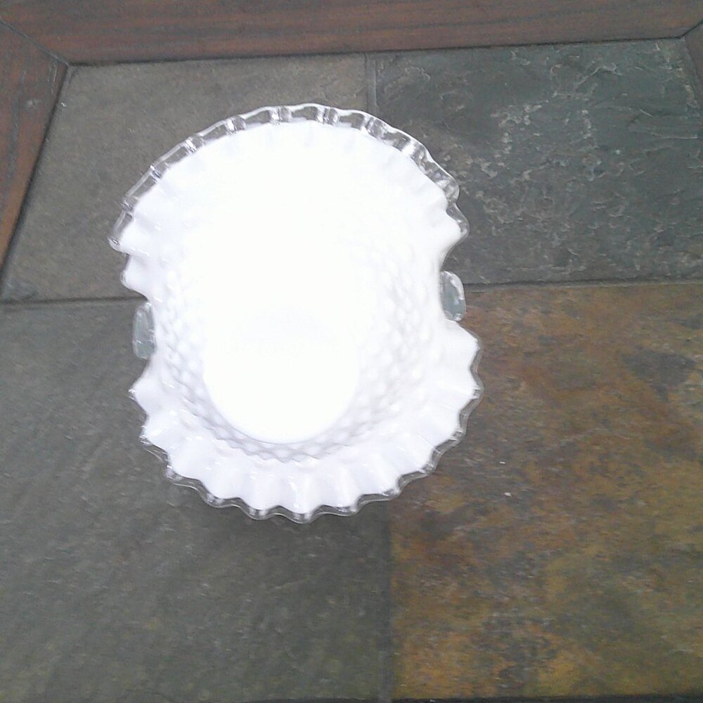 Vintage Fenton Silver Crest White Milk Glass Basket-Crimped-Bamboo Like Handle-t - Picture 4 of 5